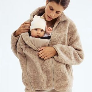 MAMA before and after baby wearing fleece jacket